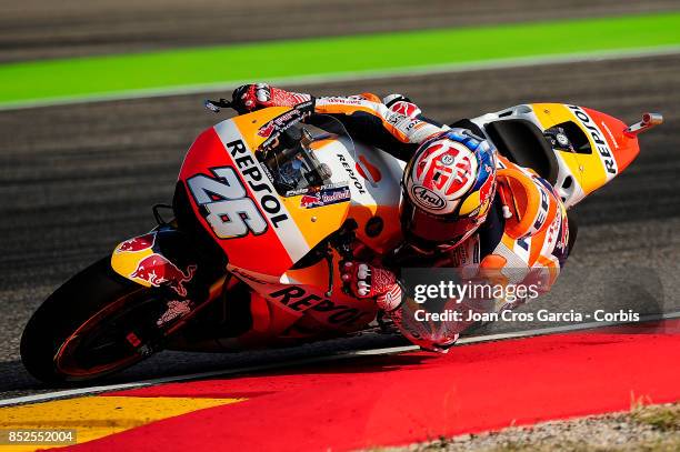 The Spanish rider, Daniel Pedrosa of Repsol Honda Team, in action whit his Honda during the Gran Premio Movistar de Aragón free practice 3 on...