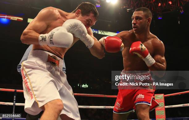 Great Britain's Kell Brook in action against Ukraine's Vyacheslav Senchenko in their IBF World Welterweight Eliminator Contest at the Motorpoint...