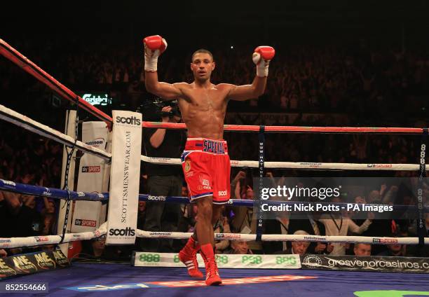 *Alternate crop* Great Britain's Kell Brook celebrates defeating Ukraine's Vyacheslav Senchenko in their IBF World Welterweight Eliminator Contest at...