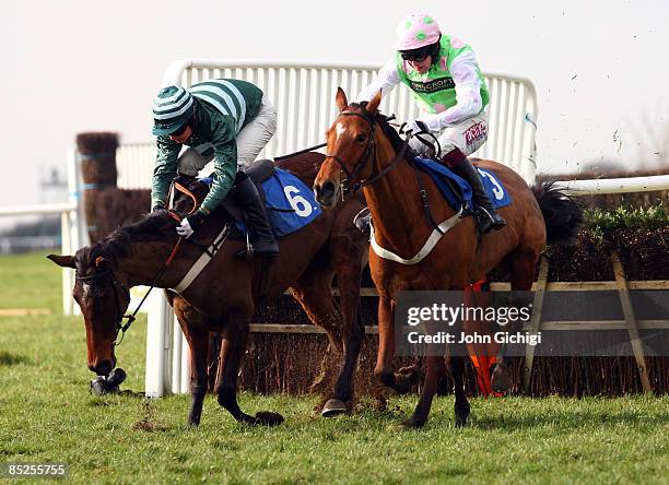 Saphire Night ridden by Charlie Huxley jumps the last to win The Bathwick Tyre Yeovil Handicap Hurdle Race at Wincanton Races on March 5, 2009 in...