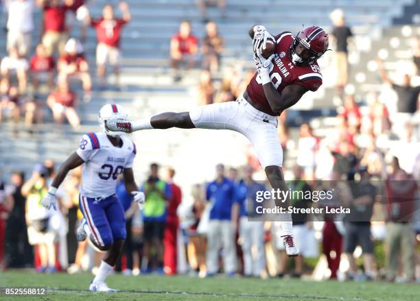 Bryan Edwards of the South Carolina Gamecocks makes a catch against the Louisiana Tech Bulldogs during their game at Williams-Brice Stadium on...