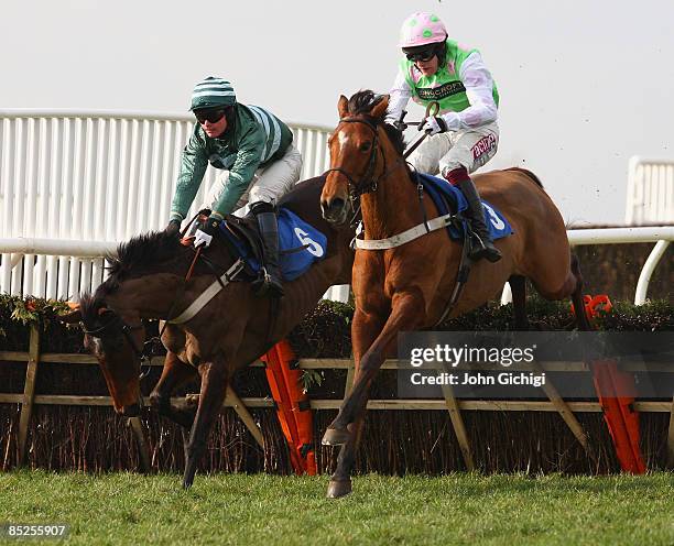 Saphire Night ridden by Charlie Huxley jumps the last to win The Bathwick Tyre Yeovil Handicap Hurdle Race at Wincanton Races on March 5, 2009 in...