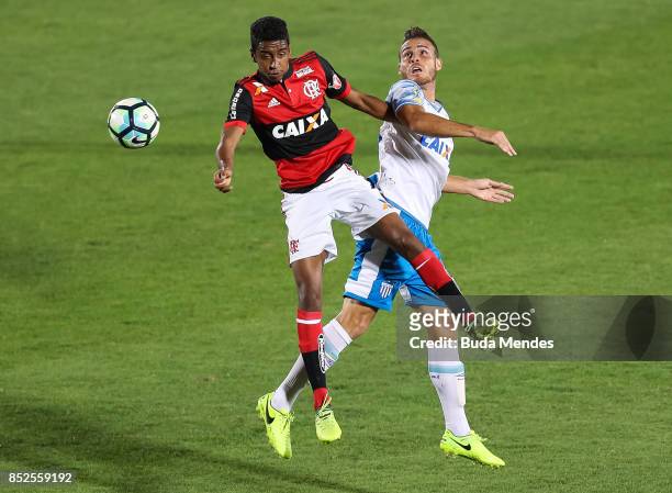 Gabriel of Flamengo struggles for the ball with Pedro Castro of Avai during a match between Flamengo and Avai as part of Brasileirao Series A 2017 at...