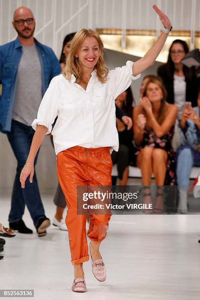 Designer Alessandra Facchinetti walks the runway at the Tod's Ready to Wear Spring/Summer 2018 fashion show during Milan Fashion Week Spring/Summer...