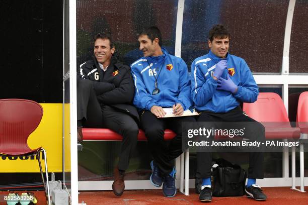 Watford manager Gianfranco Zola, assistant coach Adolfo Sormani and Head of Medical Marco Cesarini