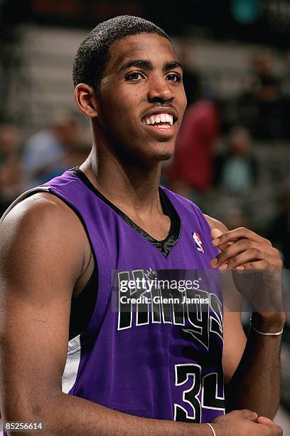 Jason Thompson of the Sacramento Kings takes a break from the action during the game against the Dallas Mavericks on February 10, 2009 at American...