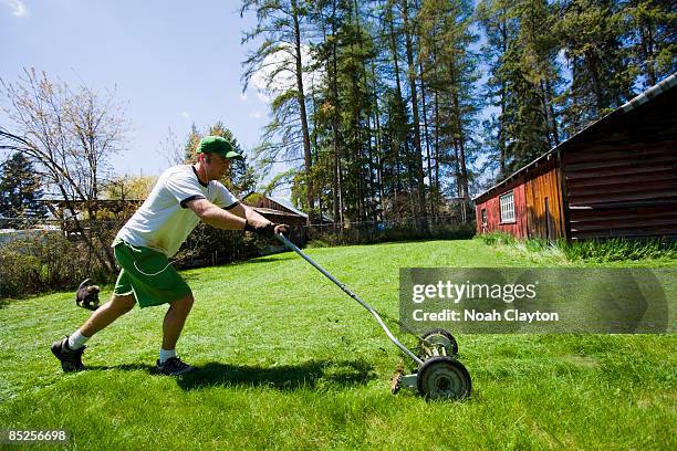 man pushing manual lawn mower to cut grass - cortacésped manual fotografías e imágenes de stock