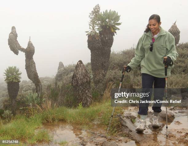Alesha Dixon treks on the fifth day of The BT Red Nose Climb of Kilimanjaro on March 5, 2009 near Arusha, Tanzania. Celebrities Ronan Keating, Gary...