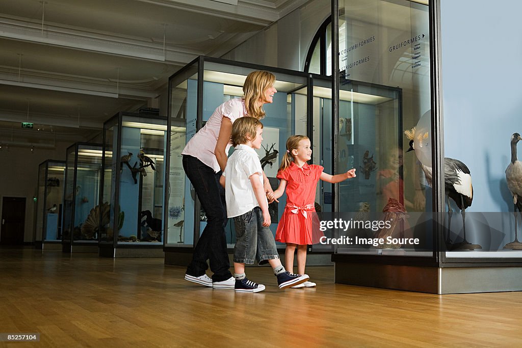 Mother and children looking at a museum exhibit