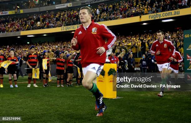 British and Irish Lions' Brian O'Driscoll takes the field for the Second Test against Australia.