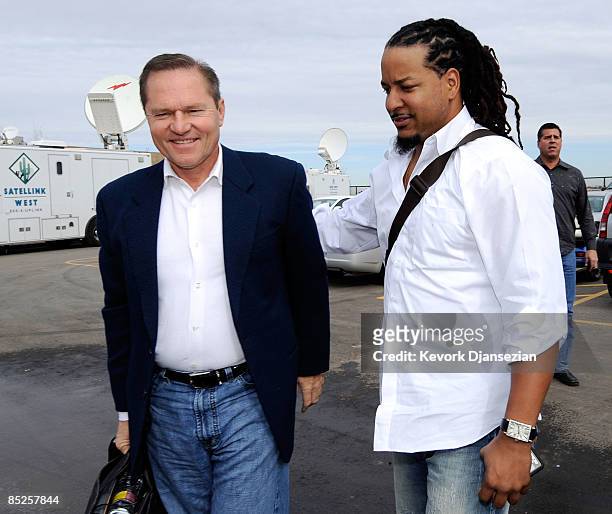 Manny Ramirez of the Los Angeles Dodgers arrives from Los Angeles with agent Scott Boras on March 5 at Camelback Ranch in Glendale, Arizona. Ramirez...