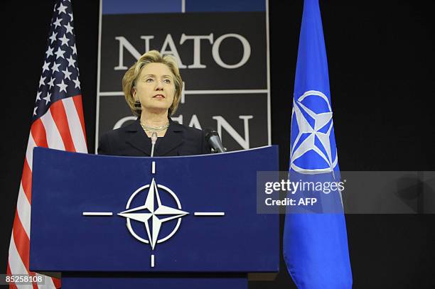 United States Secretary of State Hillary Clinton talks at a press conference on March 5 during a Nato Foreign Ministers meeting in Brussels. NATO...