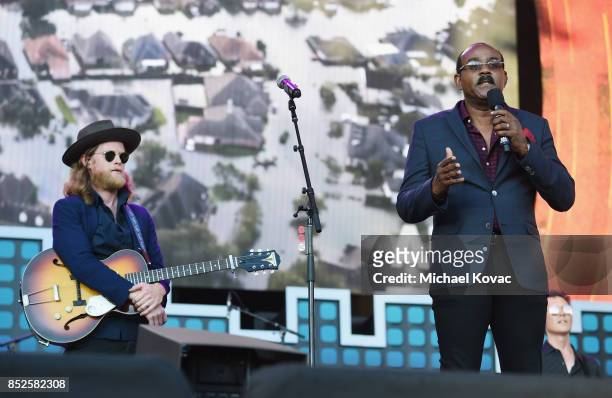 Wesley Schultz of The Lumineers and Barbuda Gaston Browne speak onstage during Global Citizen Festival 2017 at Central Park on September 23, 2017 in...