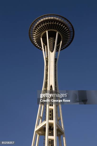 The Space Needle is seen from the ground in this 2009 Seattle, Washington, city landscape photo.