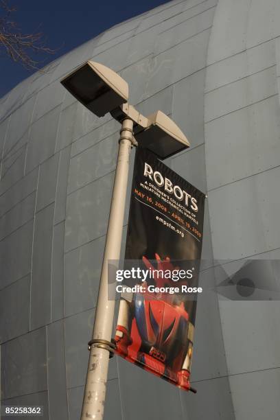 Sign at the entrance to the Science Fiction Museum and Hall of Fame promoting a "Robots" exhibit is seen in this 2009 Seattle, Washington, city...