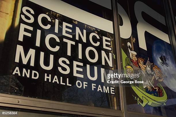 Sign at the entrance to the Science Fiction Museum and Hall of Fame is seen in this 2009 Seattle, Washington, city landscape photo.