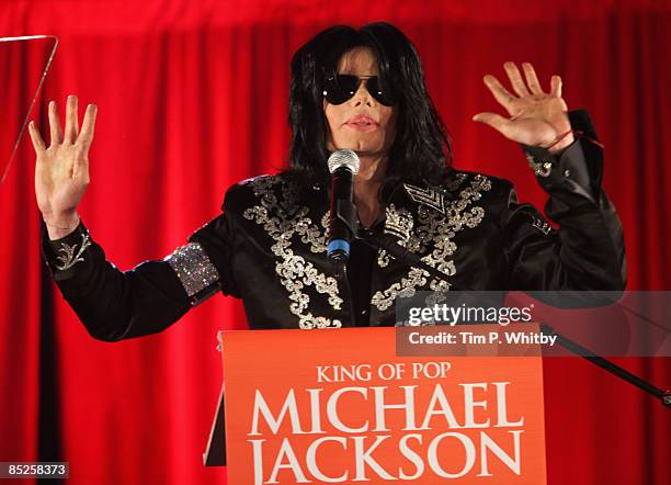 Michael Jackson gestures as he announces plans for Summer residency at the O2 Arena at a press conference held at the O2 Arena on March 5, 2009 in...