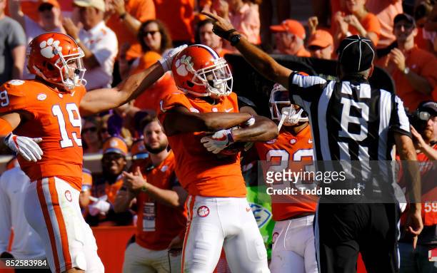 Cornerback Trayvon Mullen of the Clemson Tigers celebrates an interception against the Boston College Eagles at Memorial Stadium on September 23,...