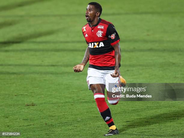 Rodinei of Flamengo celebrates a scored goal during a match between Flamengo and Avai as part of Brasileirao Series A 2017 at Ilha do Urubu Stadium...