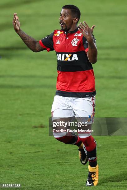 Rodinei of Flamengo celebrates a scored goal during a match between Flamengo and Avai as part of Brasileirao Series A 2017 at Ilha do Urubu Stadium...