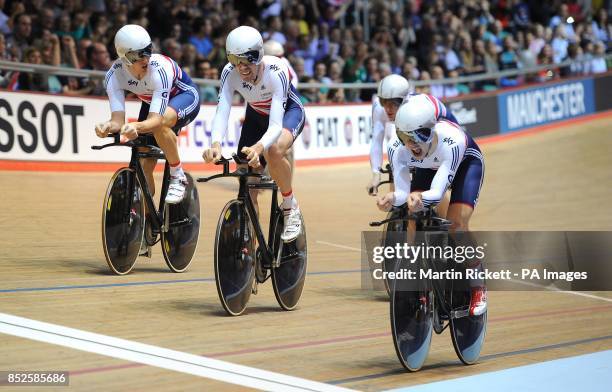 Great Britain's Steven Burke, Andy Tennant, Ed Clancy and Owen Doull as they cross the line to win gold in the Men's Team Pursuit, during day one of...