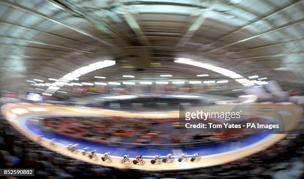 Riders in action during the 10KM Scratch Race section of The Women's Omnium, during day three of the 2013 UCI Track Cycling World Cup at the National...