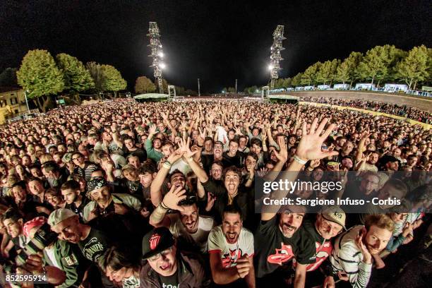 The audience for The Rolling Stones is seen during Lucca Summer Festival 2017 on September 23, 2017 in Lucca, Italy.