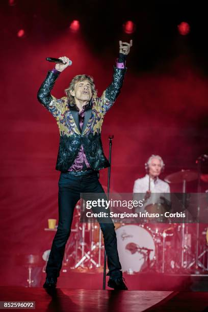 Mick Jagger and Charlie Watts of The Rolling Stones perform on stage during Lucca Summer Festival 2017 on September 23, 2017 in Lucca, Italy.