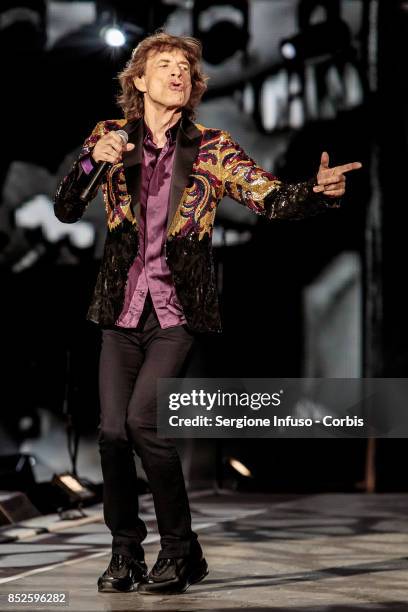 Mick Jagger of The Rolling Stones performs on stage during Lucca Summer Festival 2017 on September 23, 2017 in Lucca, Italy.