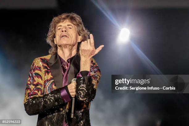 Mick Jagger of The Rolling Stones performs on stage during Lucca Summer Festival 2017 on September 23, 2017 in Lucca, Italy.