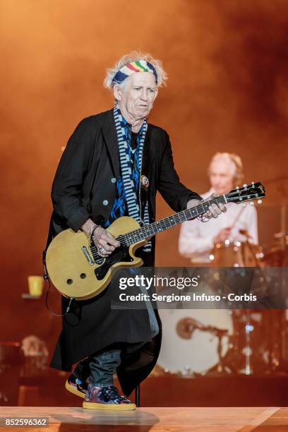 Keith Richards and Charlie Watts of The Rolling Stones perform on stage during Lucca Summer Festival 2017 on September 23, 2017 in Lucca, Italy.