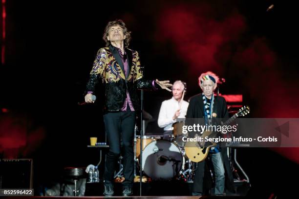 Mick Jagger , Charlie Watts and Keith Richards of The Rolling Stones perform on stage during Lucca Summer Festival 2017 on September 23, 2017 in...