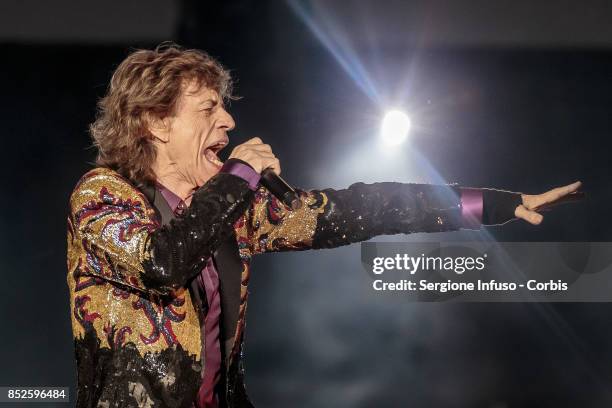 Mick Jagger of The Rolling Stones performs on stage during Lucca Summer Festival 2017 on September 23, 2017 in Lucca, Italy.