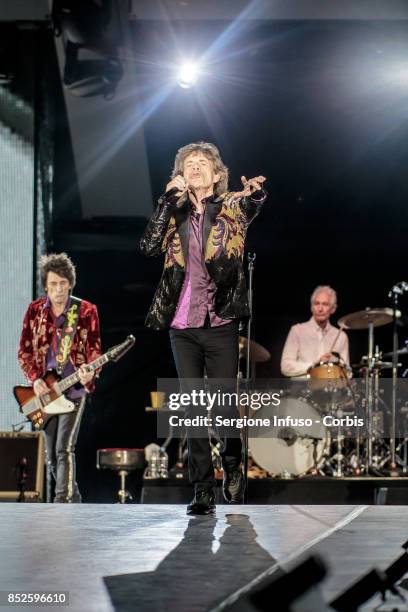 Ronnie Wood , Mick Jagger and Charlie Watts of The Rolling Stones perform on stage during Lucca Summer Festival 2017 on September 23, 2017 in Lucca,...