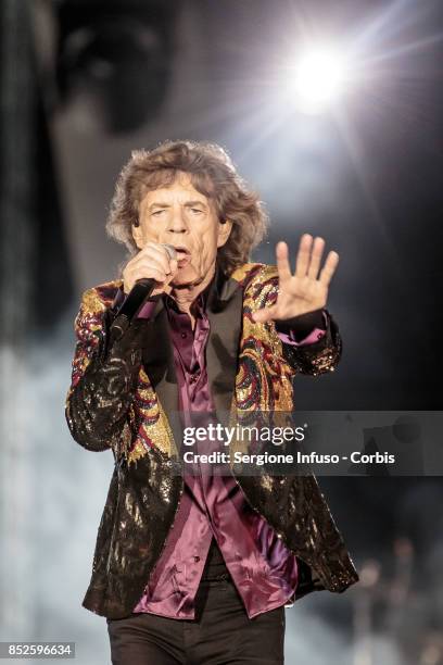 Mick Jagger of The Rolling Stones performs on stage during Lucca Summer Festival 2017 on September 23, 2017 in Lucca, Italy.