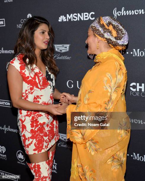 Actor Priyanka Chopra and Deputy Secretary-General of the United Nations Amina J. Mohammed pose in the VIP Lounge during the 2017 Global Citizen...