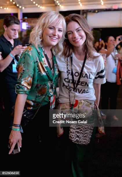 Actors Malin Akerman and Michelle Monaghan pose in the VIP Lounge during the 2017 Global Citizen Festival in Central Park on September 23, 2017 in...