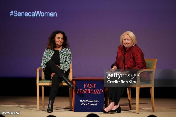 Designer Diane Von Furstenberg and Melanne Verveer, Seneca Women attend Fast Forward Women's Innovation Forum at The Metropolitan Museum of Art on...