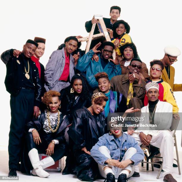 Group portrait of various hip hop groups and performers, New York, New York, 1989. Among those pictured are Salt 'n' Pepa, Dana Dane, Sweet T,...