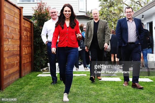 Labour Leader Jacinda Ardern, Labour Party MP Phil Twyford, Grant Robertson and deputy leader Kelvin Davis arrive to talk to the media during a bbq...