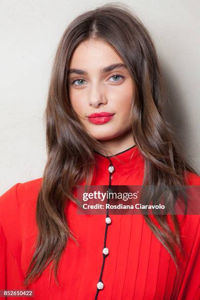 Taylor Hill is seen ahead of the Philosophy By Lorenzo Serafini show during Milan Fashion Week Spring/Summer 2018 on September 23, 2017 in Milan,...