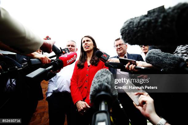Labour Leader Jacinda Ardern speaks to the media during a bbq at their house on September 24, 2017 in Auckland, New Zealand. New Zealand's National...