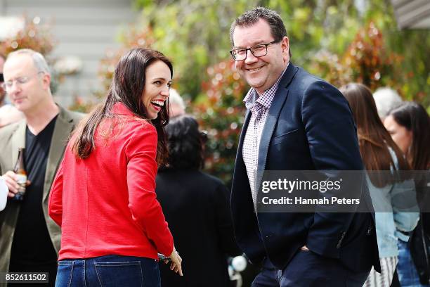 Labour Leader Jacinda Ardern talks with Labour Party MP Grant Robertson at her house on September 24, 2017 in Auckland, New Zealand. New Zealand's...