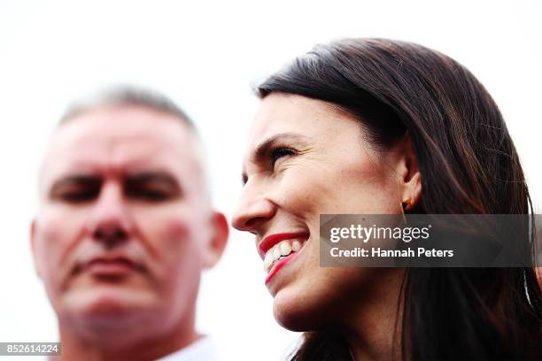 Labour Leader Jacinda Ardern speaks to the media with Labour Party deputy leader Kelvin Davis during a bbq at her house on September 24, 2017 in...