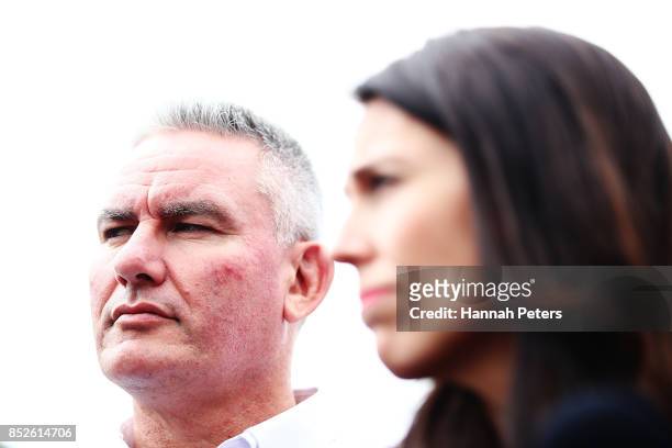 Labour Leader Jacinda Ardern speaks to the media with Labour Party deputy leader Kelvin Davis during a bbq at her house on September 24, 2017 in...