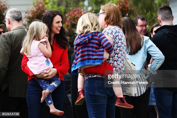 Labour Leader Jacinda Ardern talks with friends during a bbq at her house on September 24, 2017 in Auckland, New Zealand. New Zealand's National...