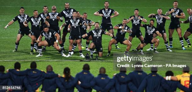 New Zealand perform the Haka before the 2013 World Cup match at Headlingley Stadium, Leeds.