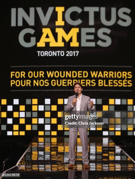 Canadian Prime Minister Justin Trudeau speaks onstage during the opening ceremony of the 2017 Invictus Games at Air Canada Centre on September 23,...