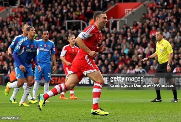 Southampton's Rickie Lambert celebrates scoring his side's second goal of the game from the penalty spot