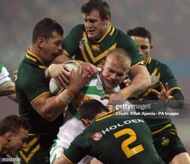 Ireland's Damien Blanch and Australia's Brett Morris battle for the ball during the 2013 World Cup match at Thomond Park, Limerick, Ireland.